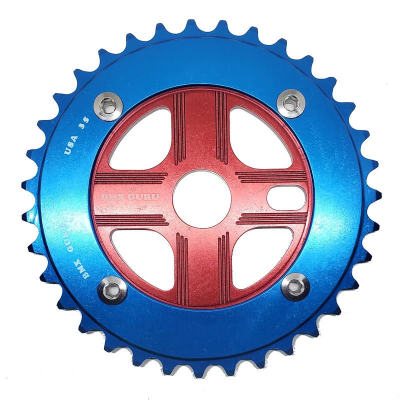 BMXGuru 35T Aluminum Spider & 4-bolt Chainring Combo – Blue over Red – USA Made