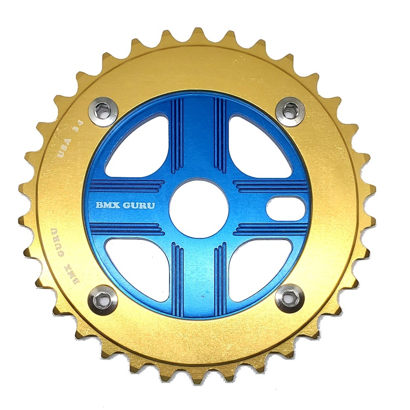 BMXGuru 34T Aluminum Spider & 4-bolt Chainring Combo – Gold over Blue – USA Made