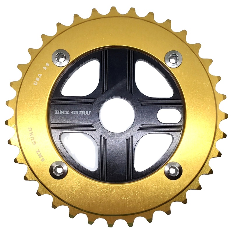 BMXGuru 35T Aluminum Spider & 4-bolt Chainring Combo – Gold over Black – USA Made