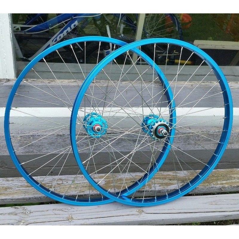 26″ 7X style Sealed Road Flange BMX Wheelset – Pair – w/ 16t Freewheel – Blue Anodized
