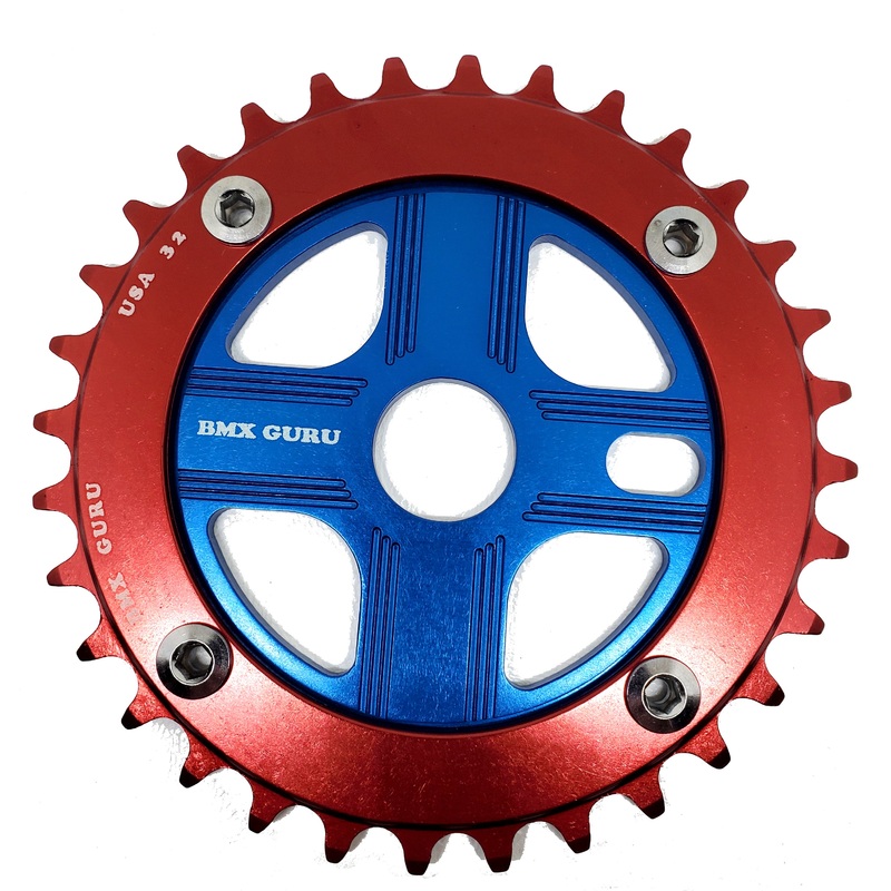 BMXGuru 32T Aluminum Spider & 4-bolt Chainring Combo – Red over Blue – USA Made