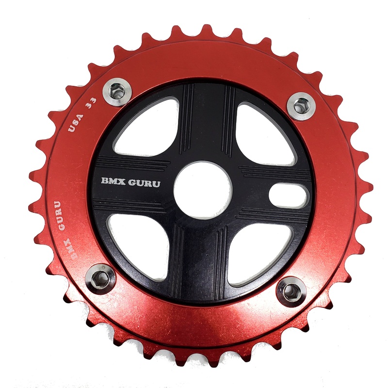 BMXGuru 33T Aluminum Spider & 4-bolt Chainring Combo – Red over Black – USA Made
