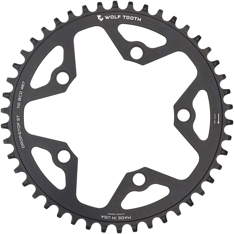 Wolf Tooth 110 BCD Gravel CX Road Chainring – 44t 110 BCD 5-Bolt Drop-Stop ST For Shimano HG+ KMC 12-Speed Chains BLK