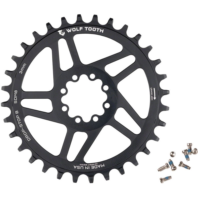 Wolf Tooth Direct Mount Chainring – 30t, SRAM Direct Mount, Drop-Stop B, For SRAM 8-Bolt Cranksets, 3mm Offset, Black