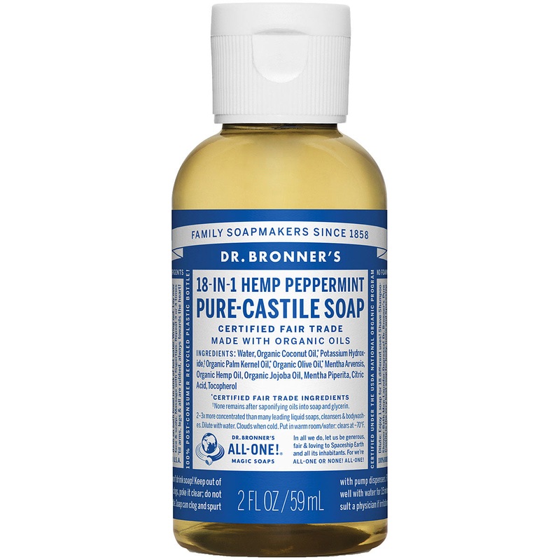 Dr. Bronner’s Peppermint Liquid Soap & Shampoo – 2 oz Travel Size