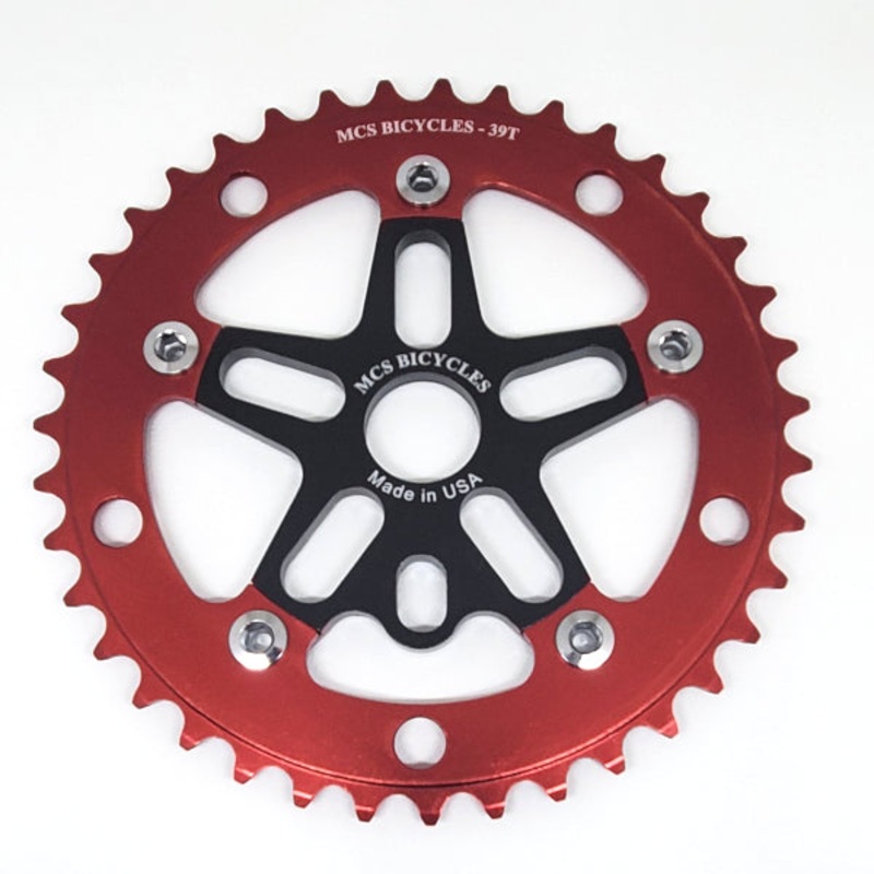 MCS BMX 39T Aluminum Spider & 5-bolt Chainring Combo – Red over Black – USA Made